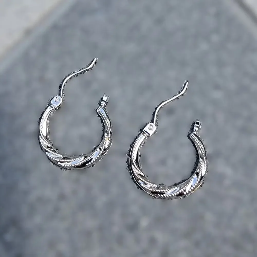 Vintage 14K Fine White Gold Corrugated Round Hoop Earrings - Picture 4 of 10